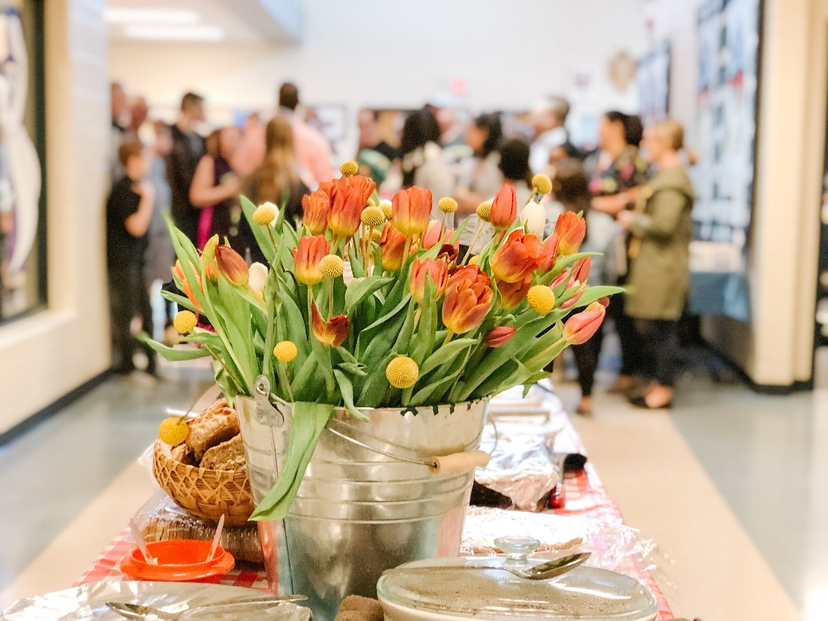Easter Sunday church brunch with people on the background.