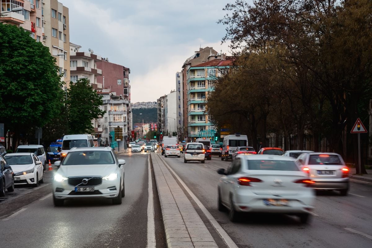 City traffic view during evening hours. 