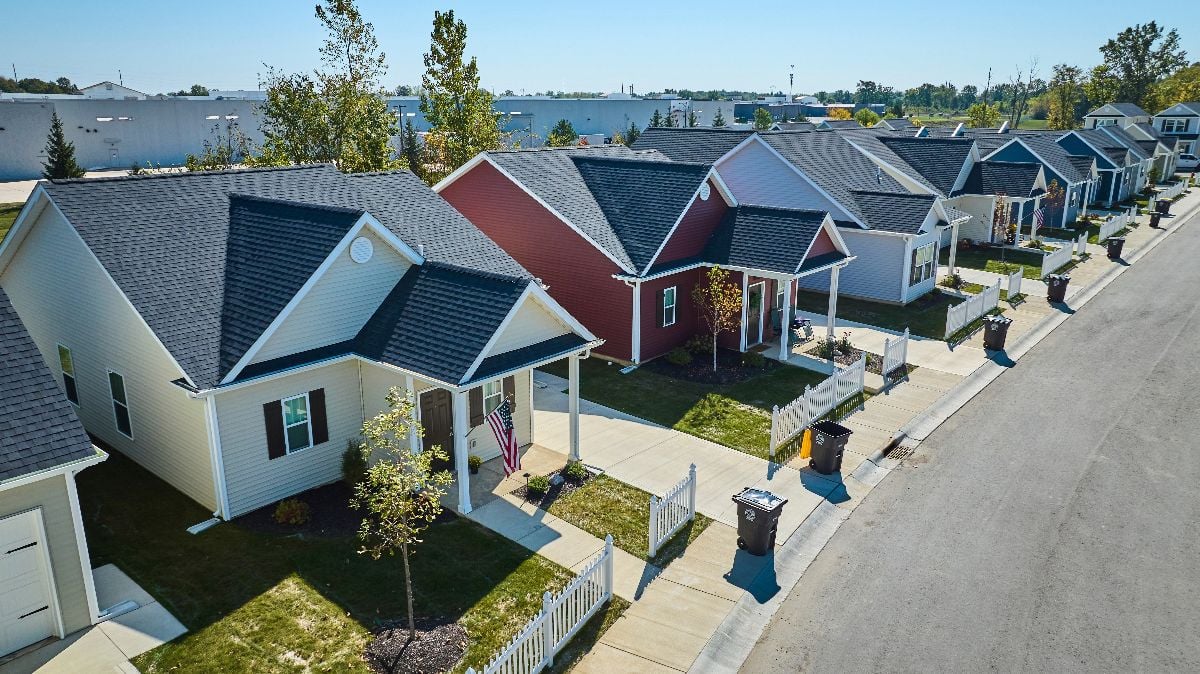 Row of colorful suburban houses.
