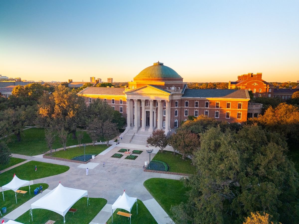 Aerial view of Dallas Hall during sunset.