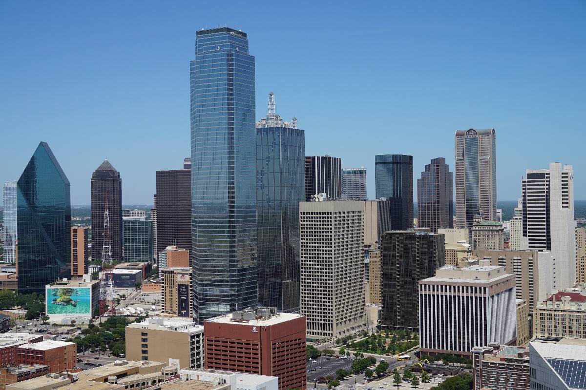 A view of the Dallas skyline from the GeO-Deck of Reunion Tower in Dallas, Texas.