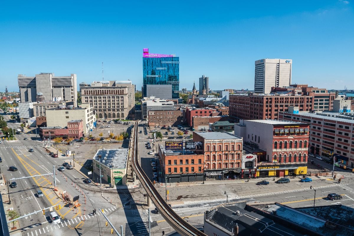 Aerial view over downtown Detroit.