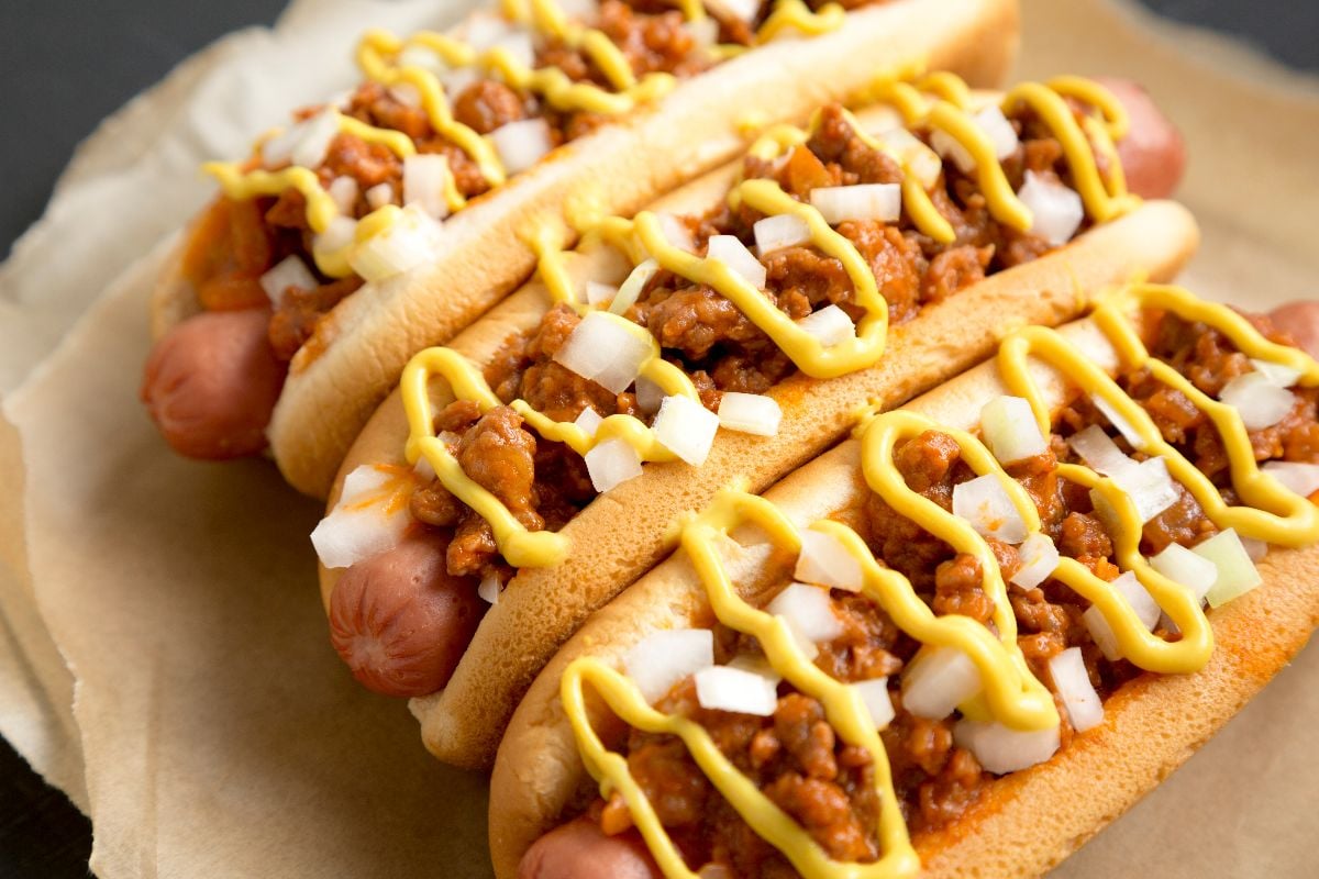 Close-up of a homemade Detroit style chili dog.