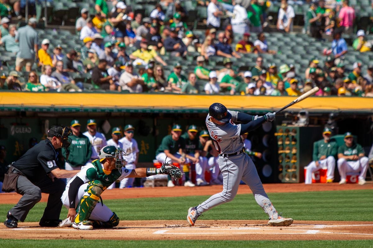Detroit Tigers first baseman Spencer Torkelson bats against the Oakland Athletics at the Oakland Coliseum.