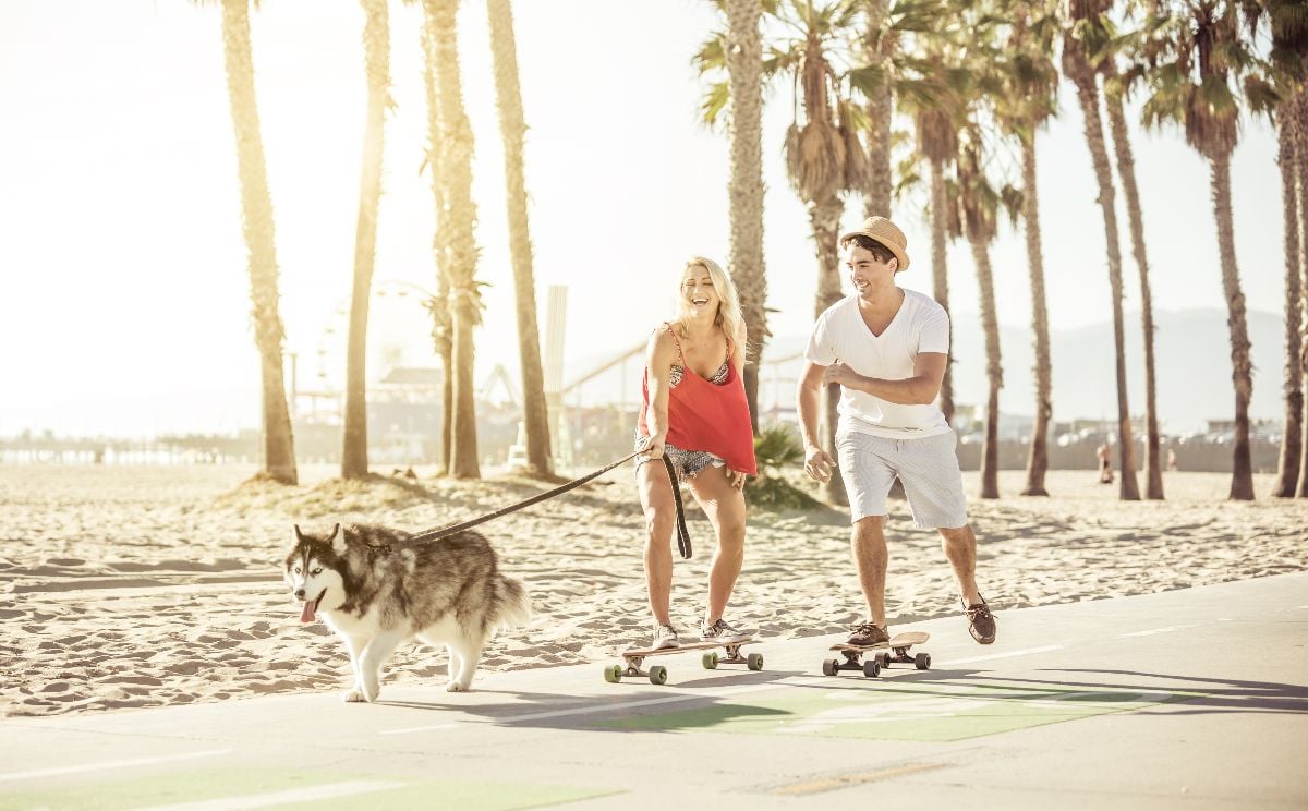 Couple on skateboards having fun with their Husky dog.