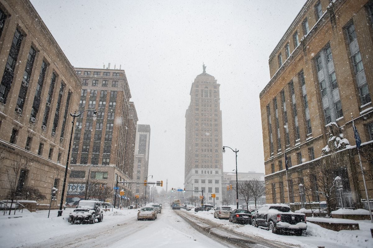 Downtown Buffalo covered in snow.