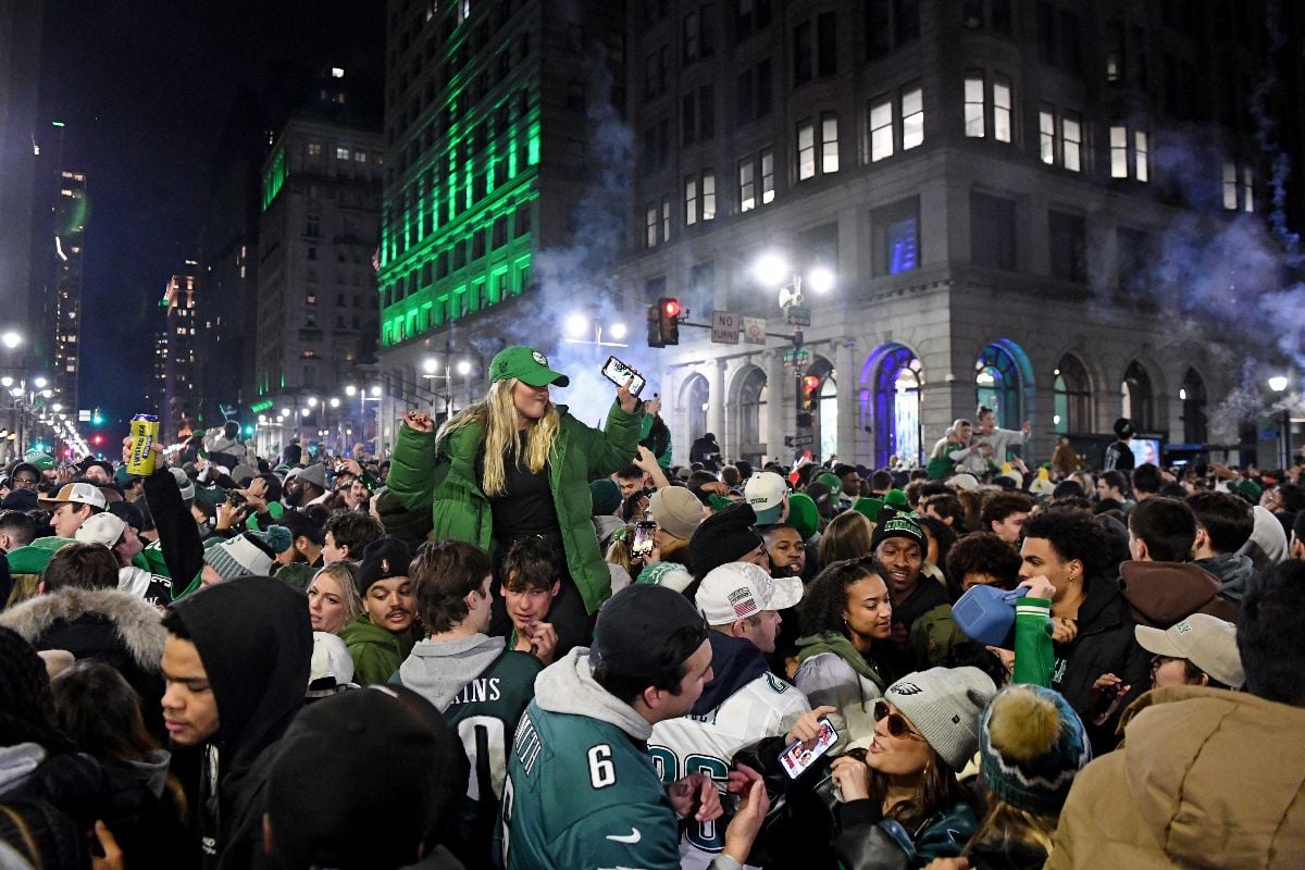 Philadelphia Eagles fans celebrate the team's Super Bowl win in downtown Philadelphia. 
