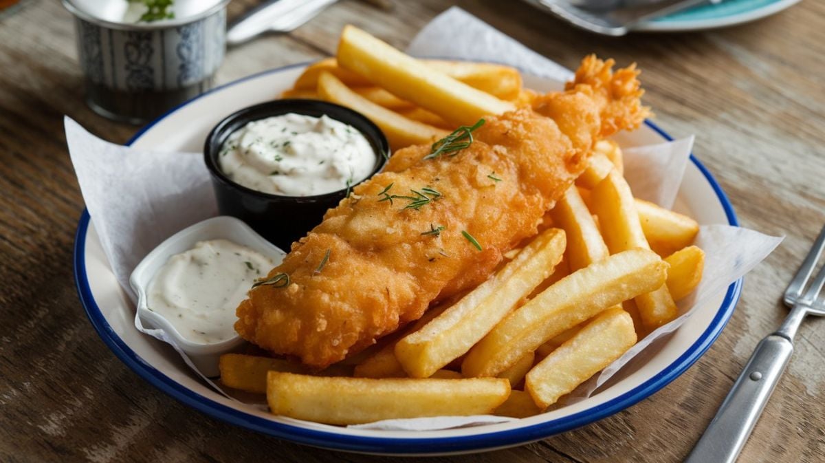 Fish and chips on a wooden table.