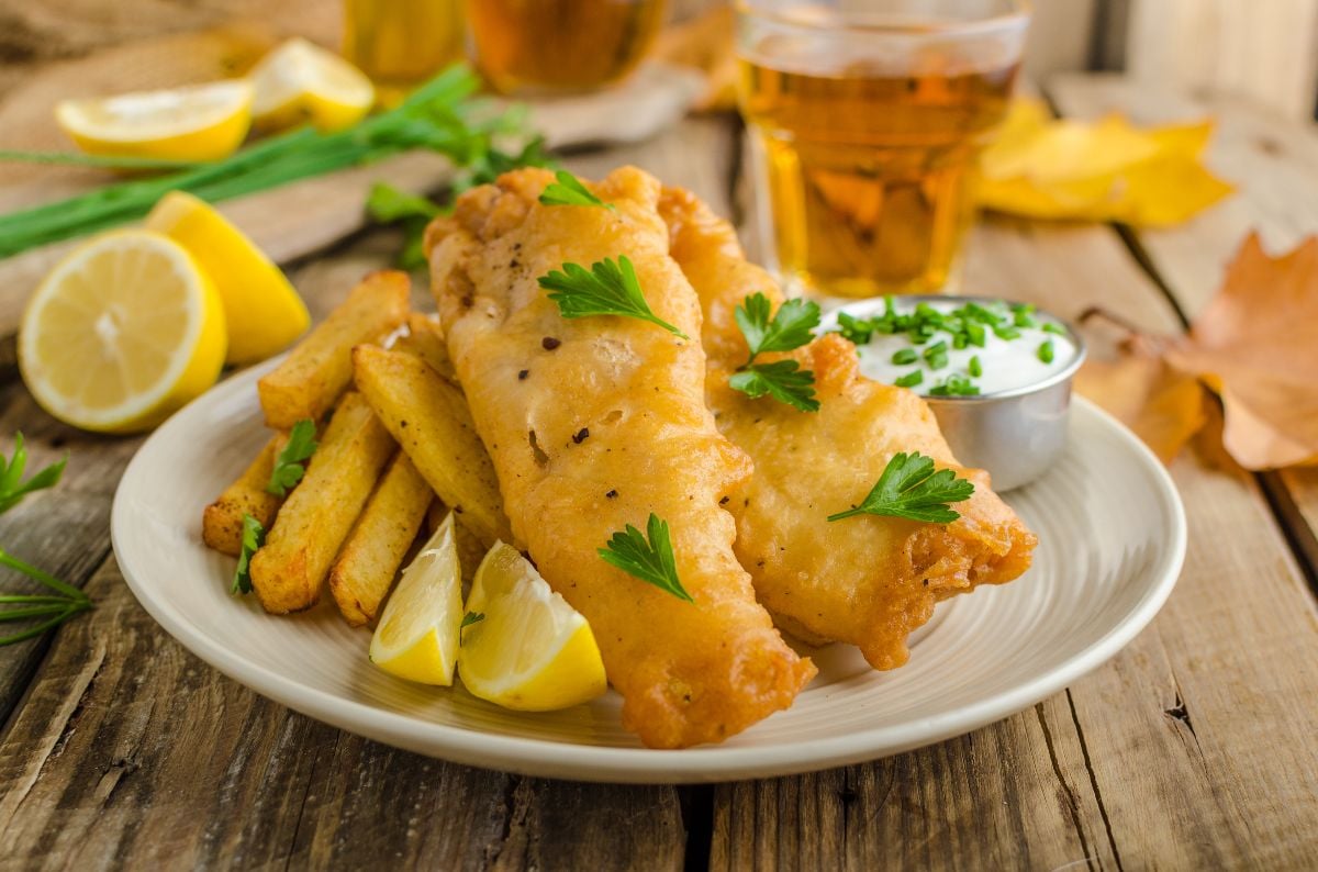 Fish wrapped in beer batter, herbs dip and czech beer.