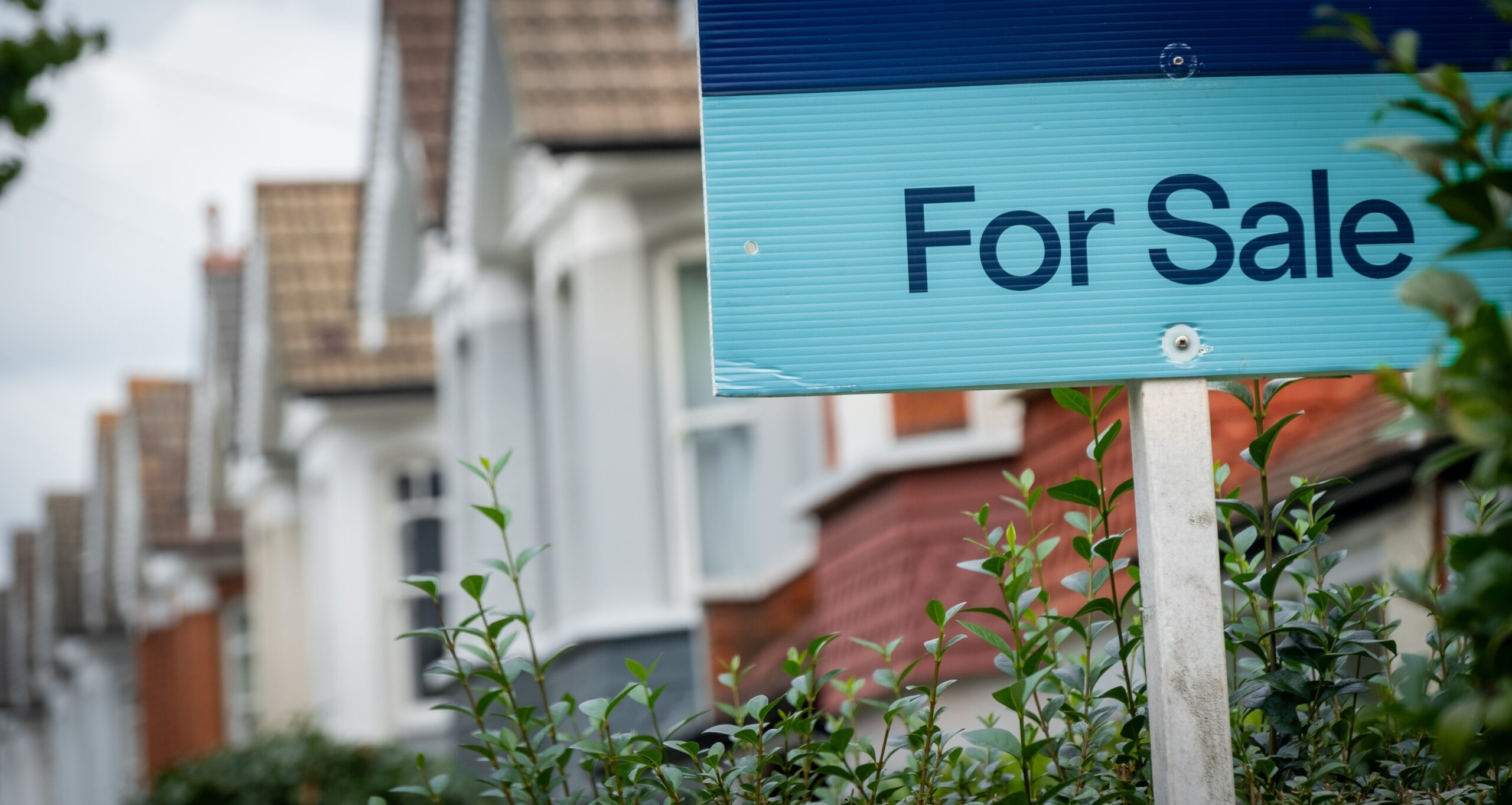 For sale sign against row of houses.