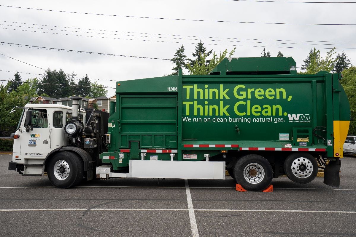 A garbage truck in a parking lot in Portland, Oregon.
