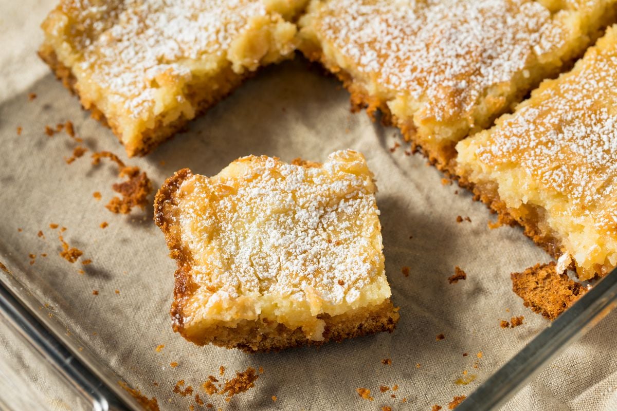 Homemade gooey butter Cake with Powdered Sugar