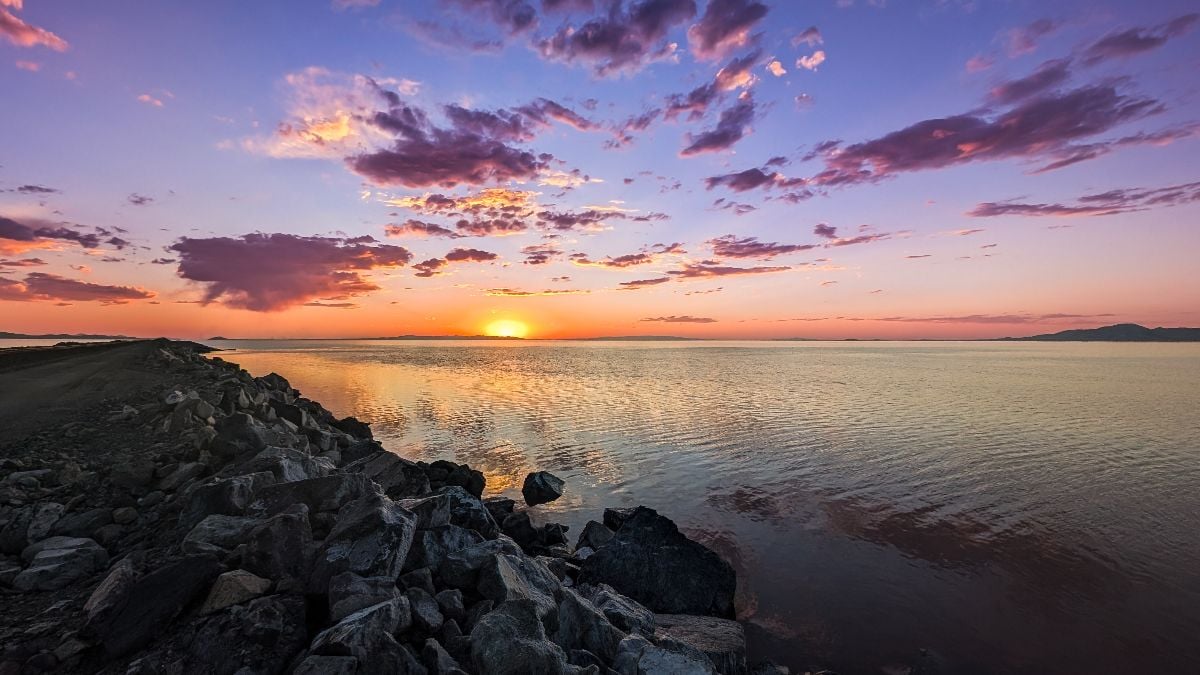 Great Salt Lake with purple and pink sunset.