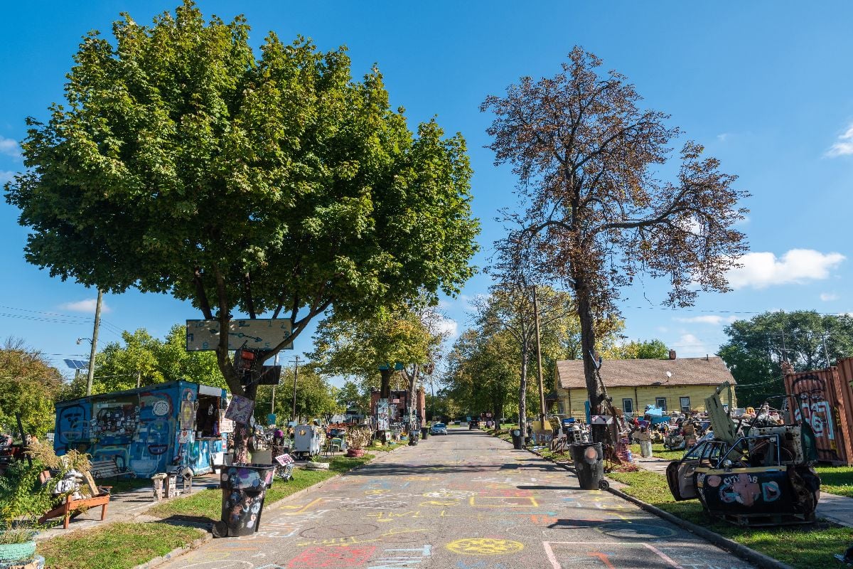 View of Heidelberg Street, an outdoor art project in the McDougall-Hunt neighbourhood of Detroit, MI. 