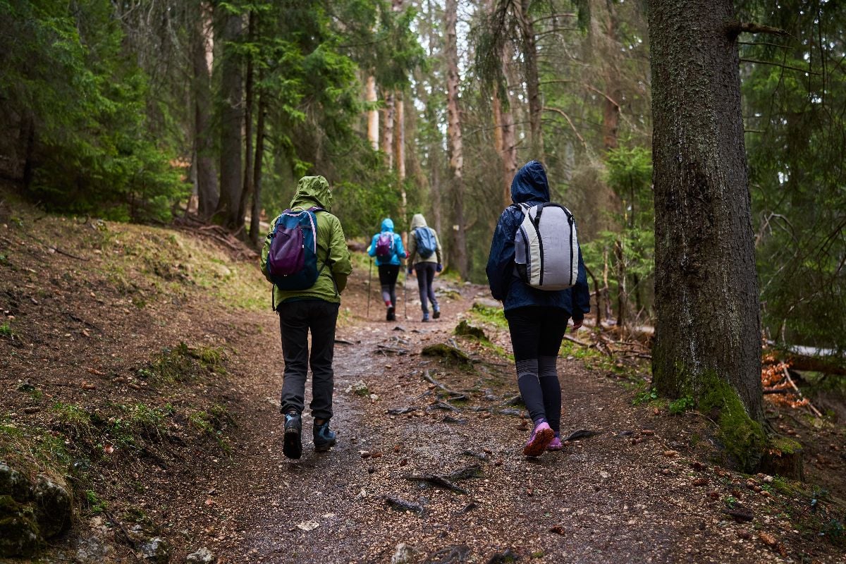 Women with backpacks hiking on a rainy day in the mountains.