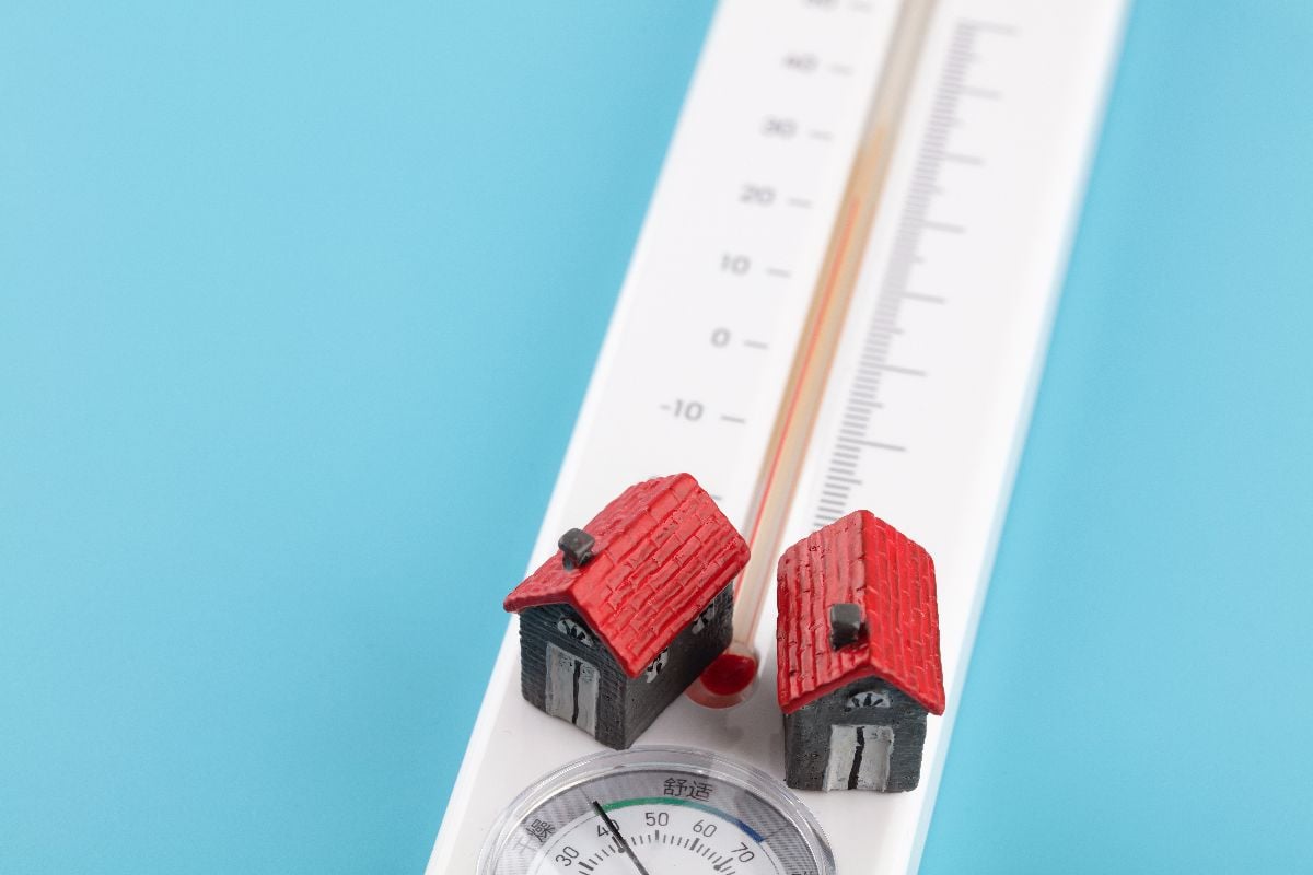 Two small house models on thermometer.