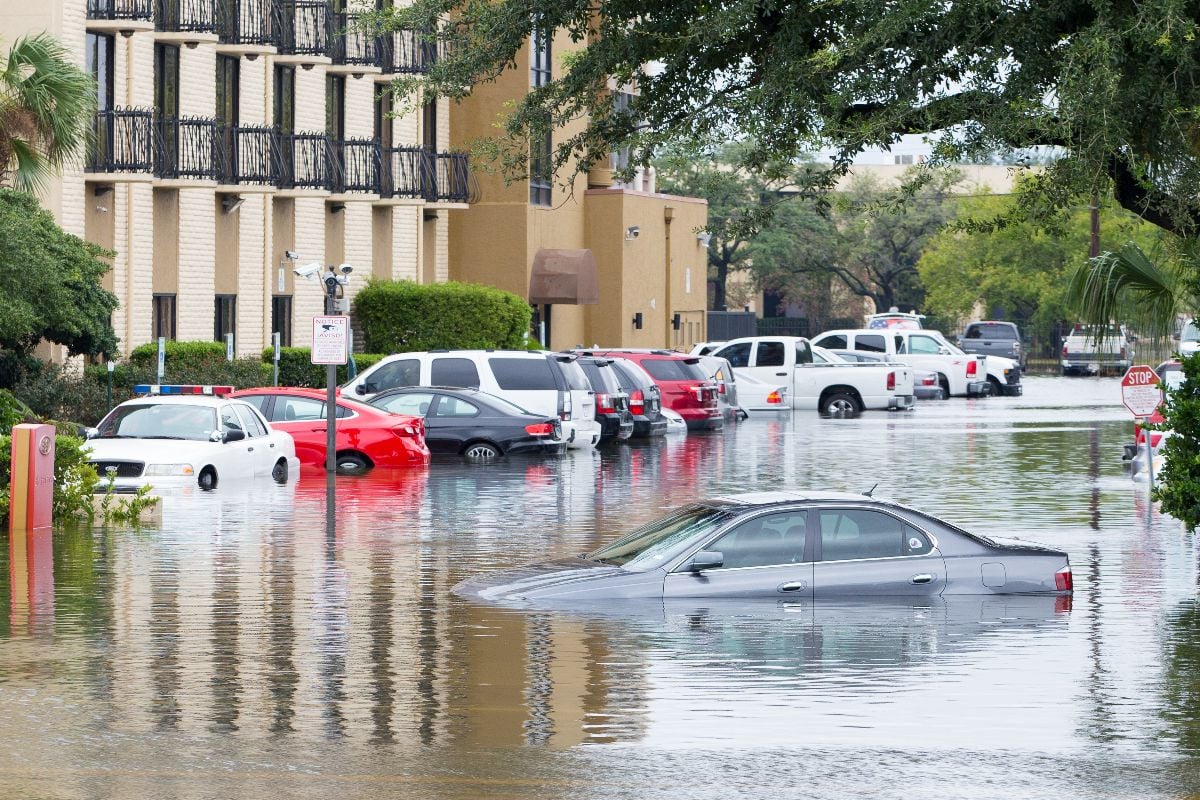 Cars on a flooded street.