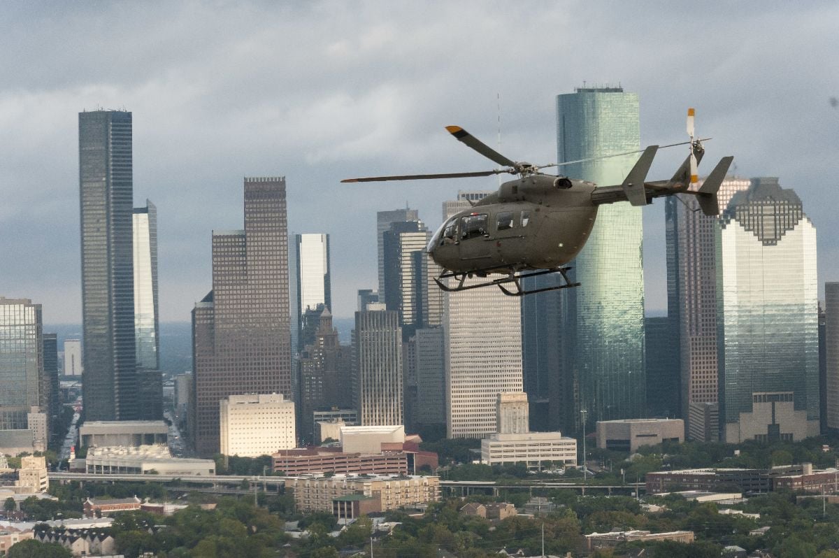 Hellicopter during a storm in Houston.
