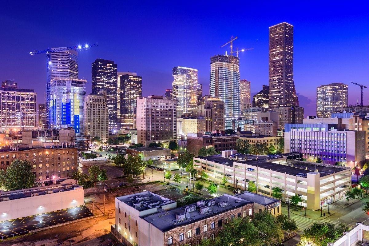 Downtown city skyline at twilight.