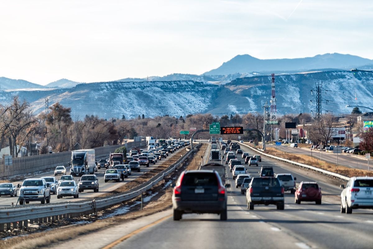 Colorado interstate i70 road in Denver Golden with exit sign and traffic jam.