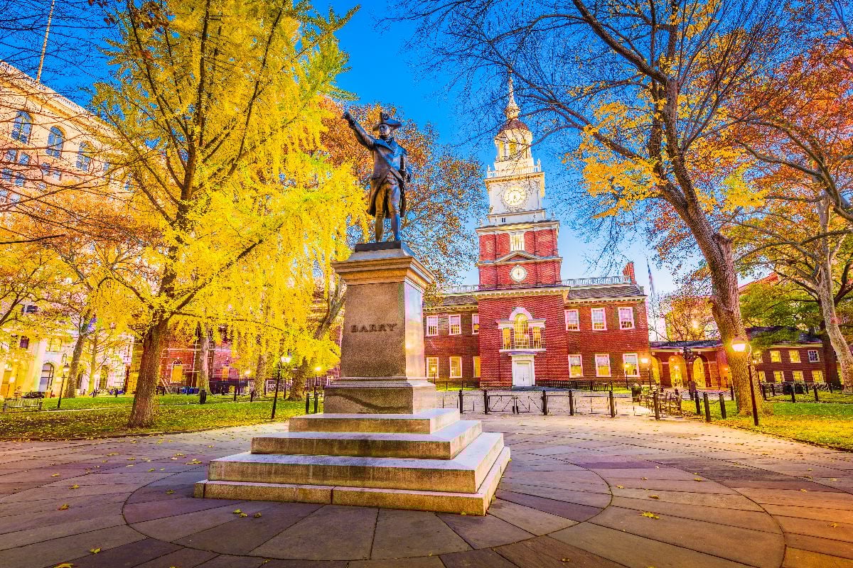Historic Independence Hall during autumn season.