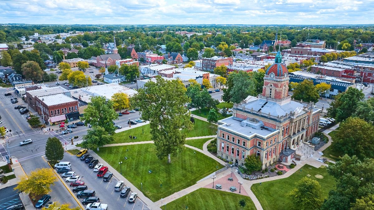 Aerial view of historic courthouse in Goshen Town.
