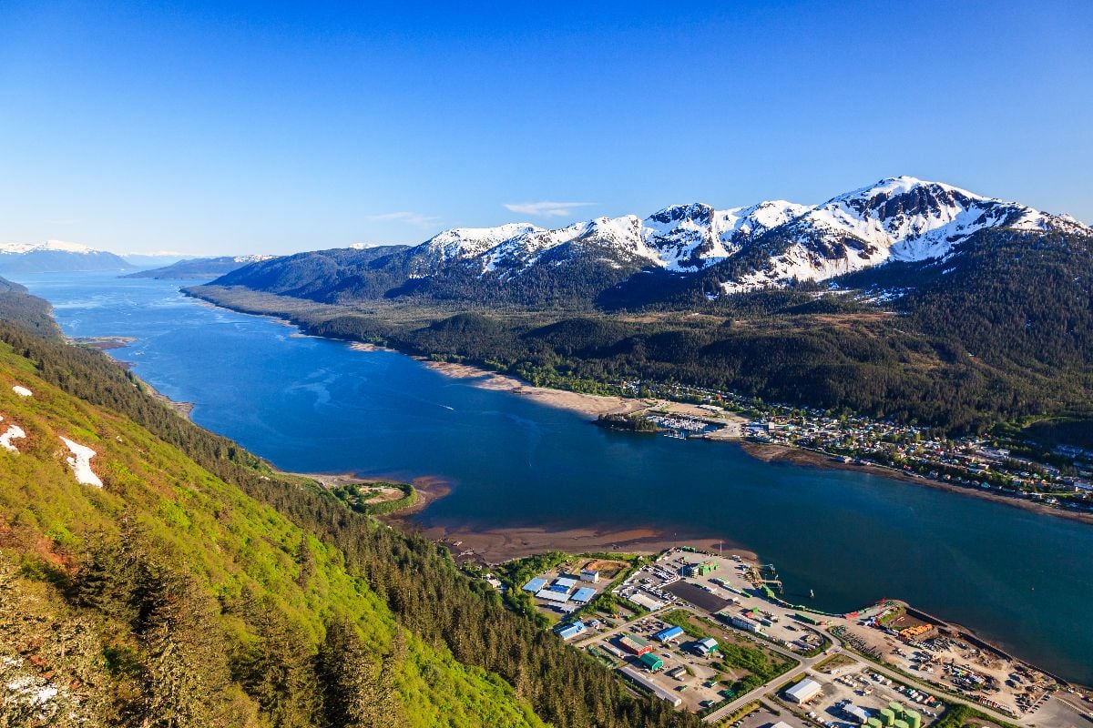 Aerial view of the Gastineau channel and Douglas Island.