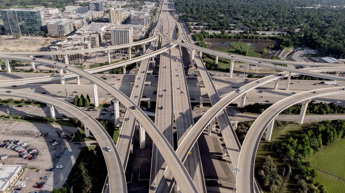Ariel View of I-10 Freeway intersecting with Beltway 8 in Houston Texas.