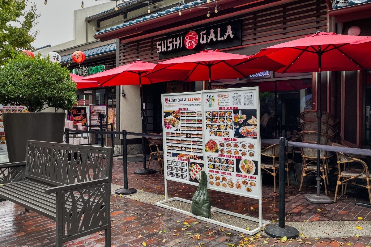 The Sushi Gala store front in the rain.