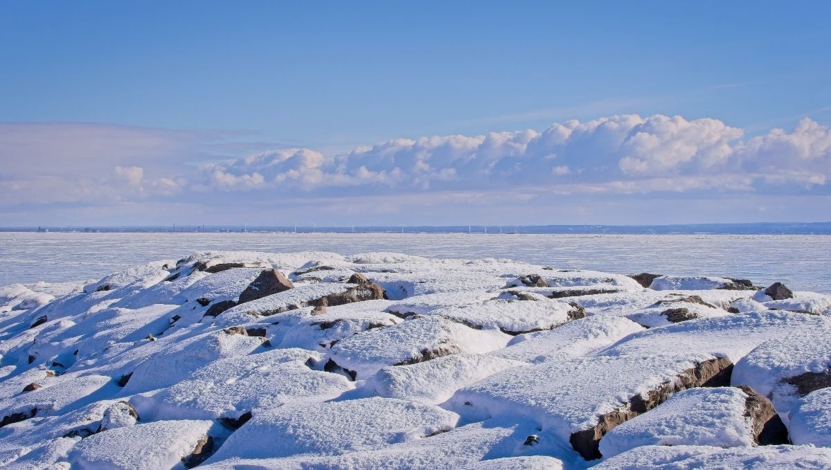 View of the Lake Effect Clouds and the partly ice-covered Lake Erie from the Crystal Beach Waterfront Park.