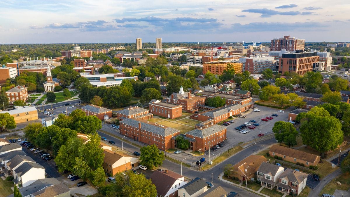 Aerial view of university campus area looking into the city suburbs in Lexington KY.
