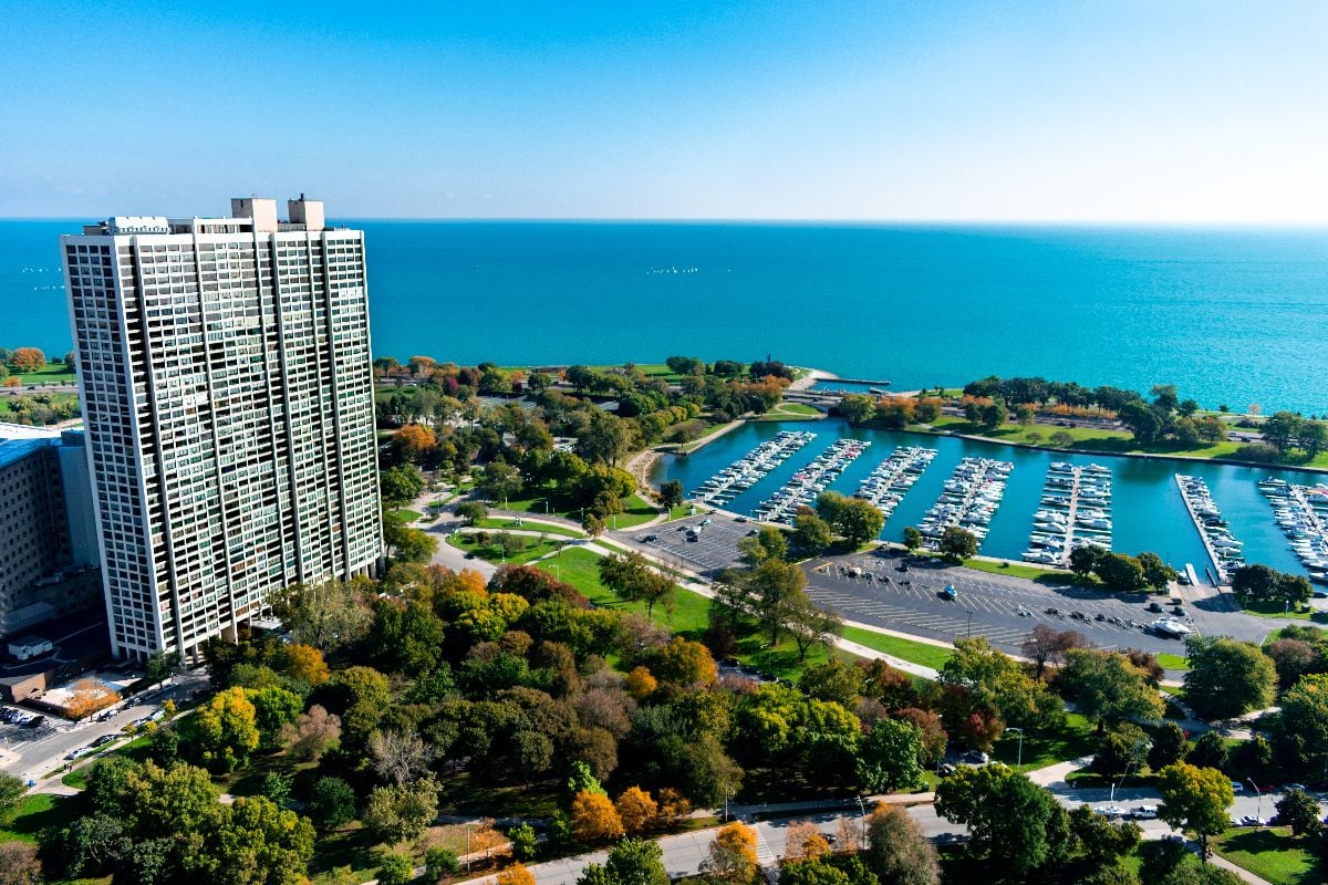 Aerial view of Lincoln Park Chicago looking towards Lake Michigan.