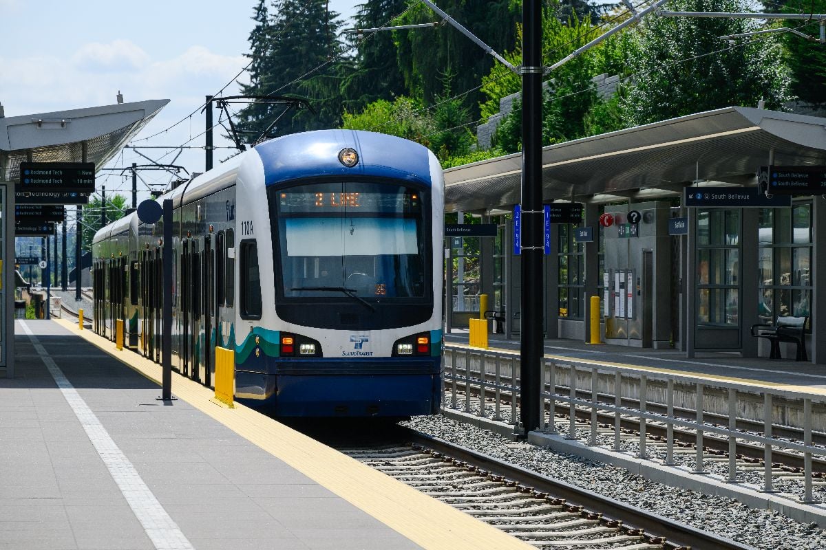 Seattle Link Light Rail train at Bellevue East Main station platform.