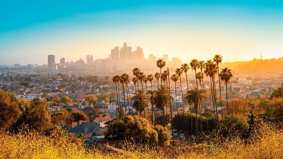 The skyline of Los Angeles during sunset.