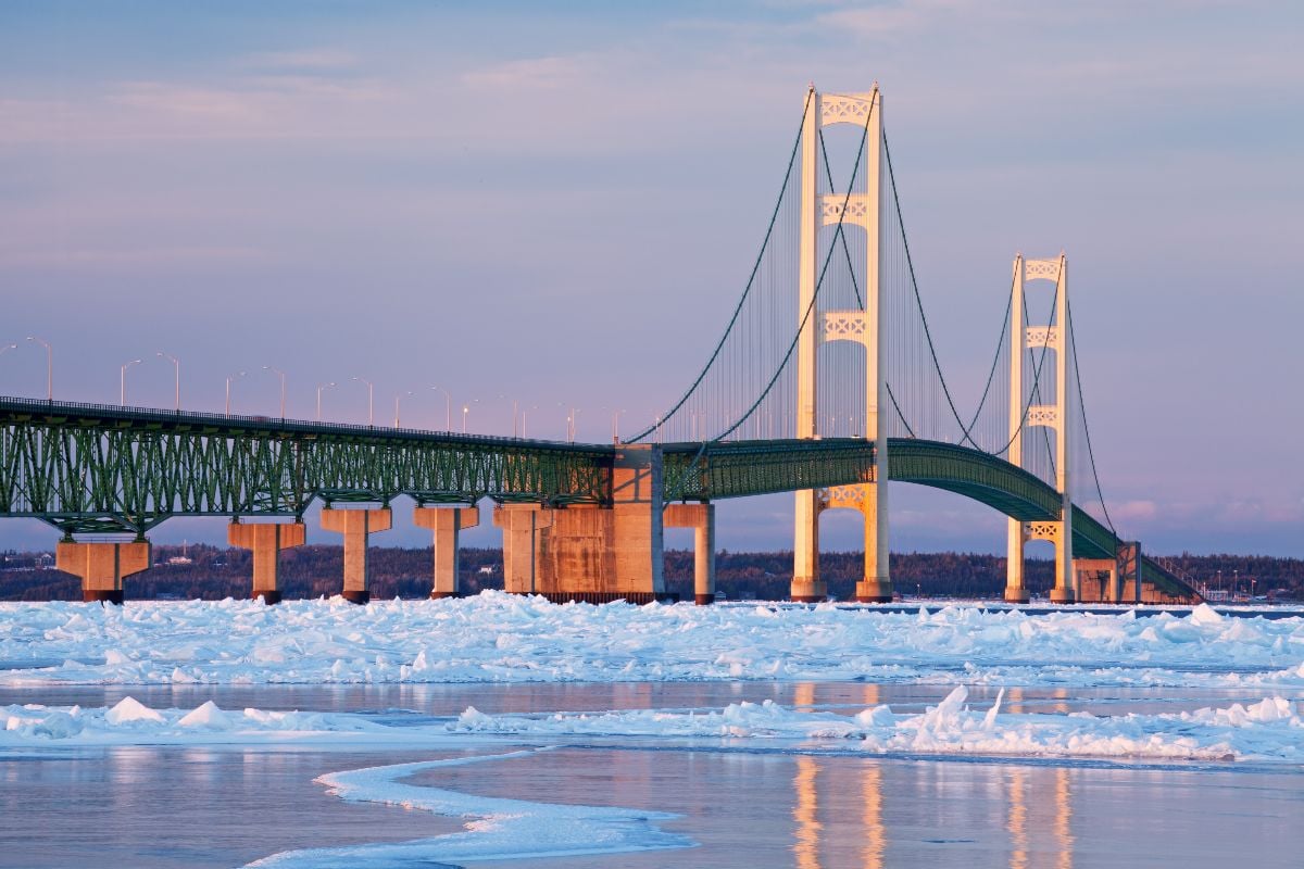 Winter landscape near sunset of the Mackinac Bridge.