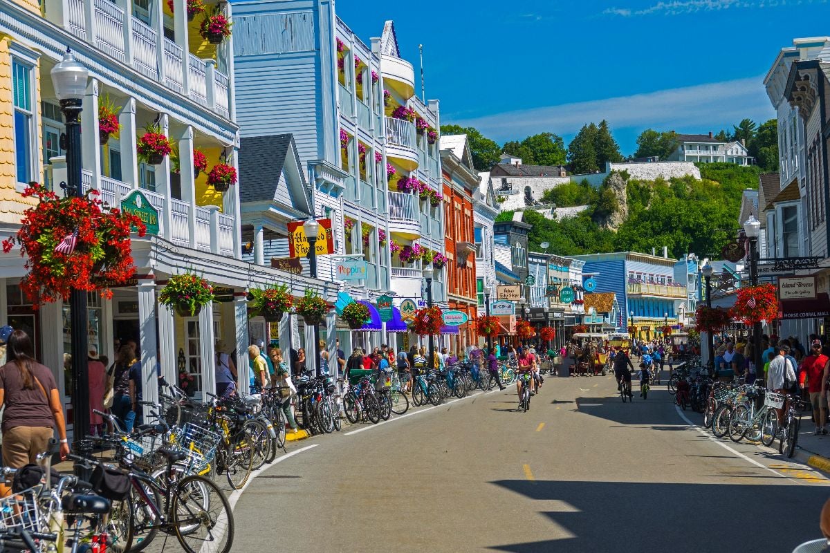Crowded street view of Mackinaw Island Michigan