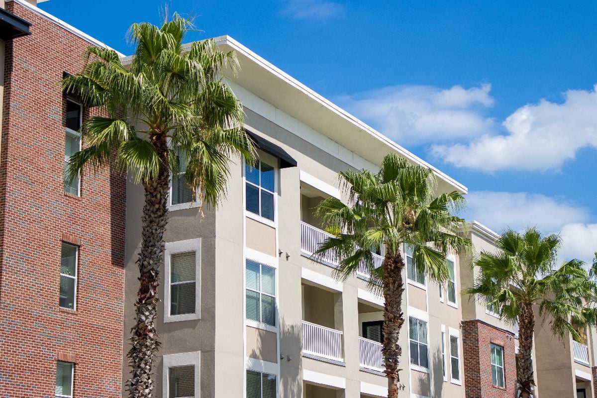 Palm trees outside of tropical apartment building in Florida.