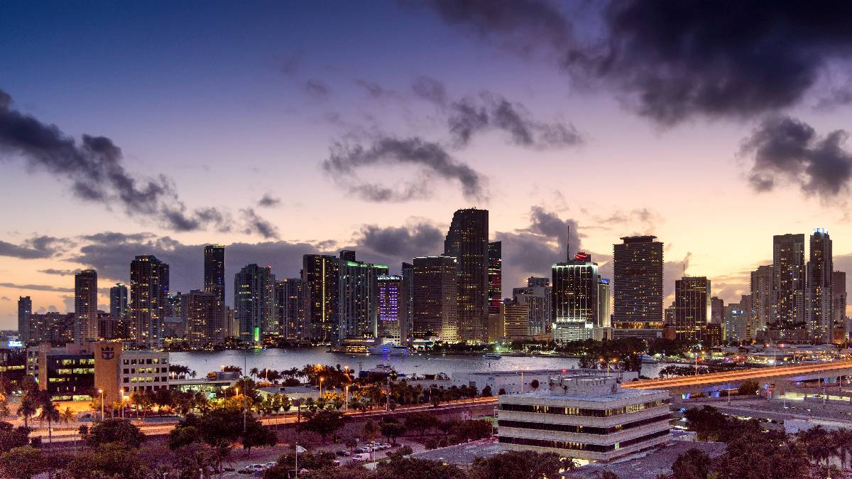 Miami skyline at sunset.