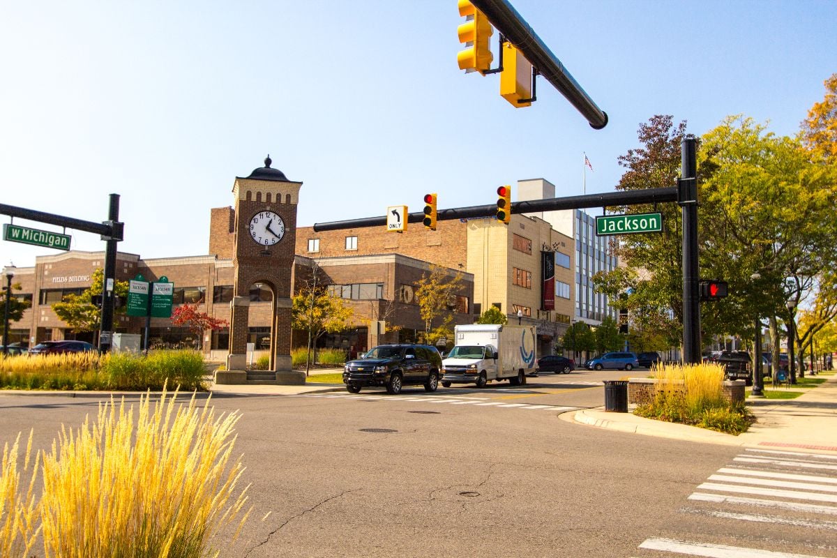 Downtown district and city streets of the American Midwest town of Jackson.