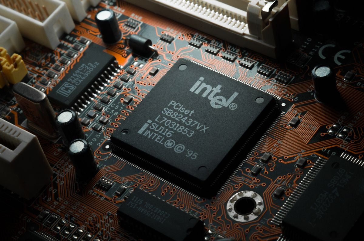 Intel computing chip on an old motherboard. 