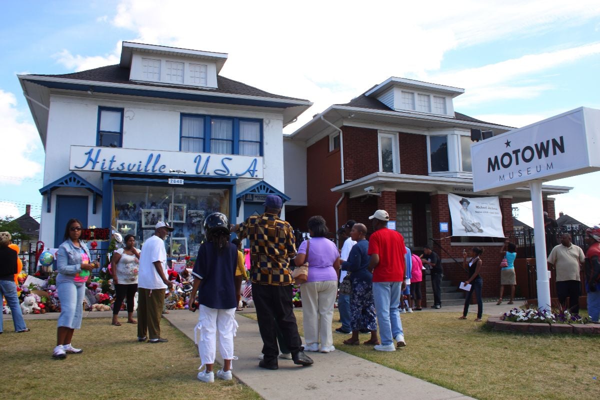 People assemble at Motown's memorial  for Michael Jackson at Hitsville U.S.A., and Motown Museum.