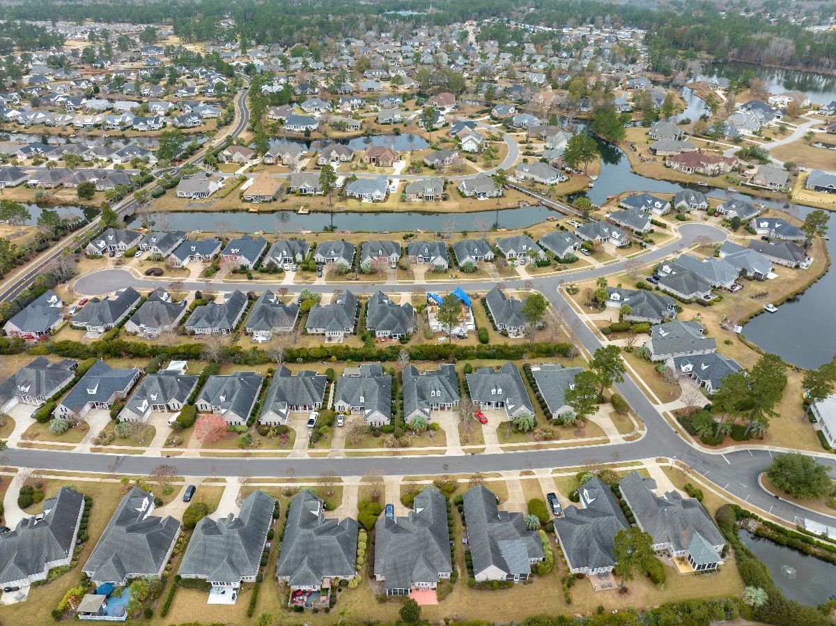 Aerial view of the Water Community in Leland, North Carolina. 