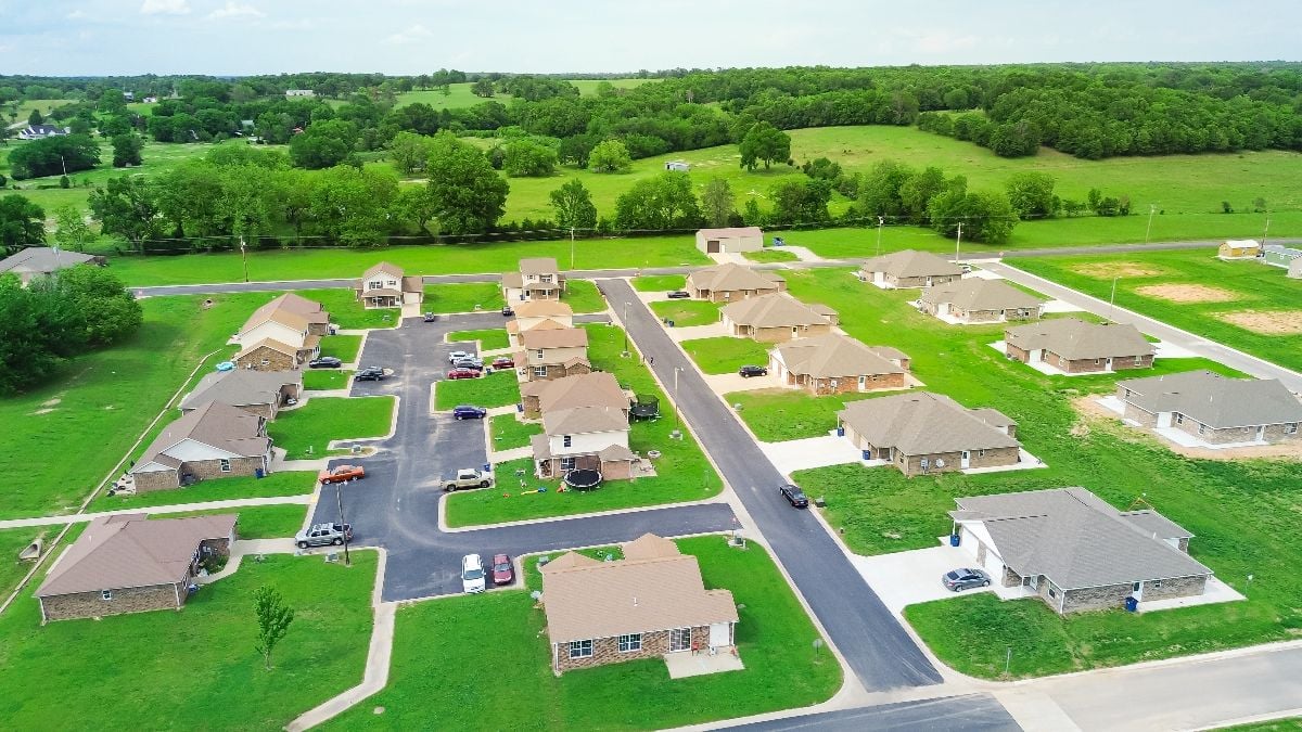 Aerial view of row of development houses.