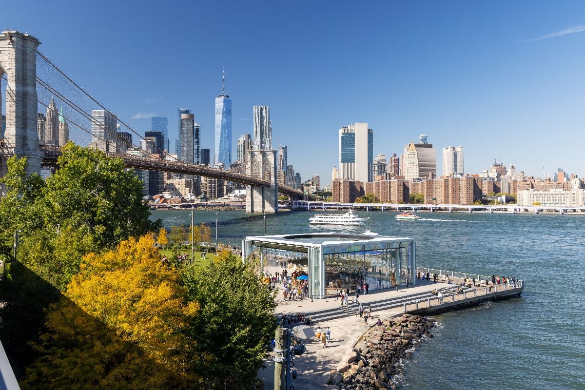 Iconic NYC skyline viewed from Brooklyn across East river.