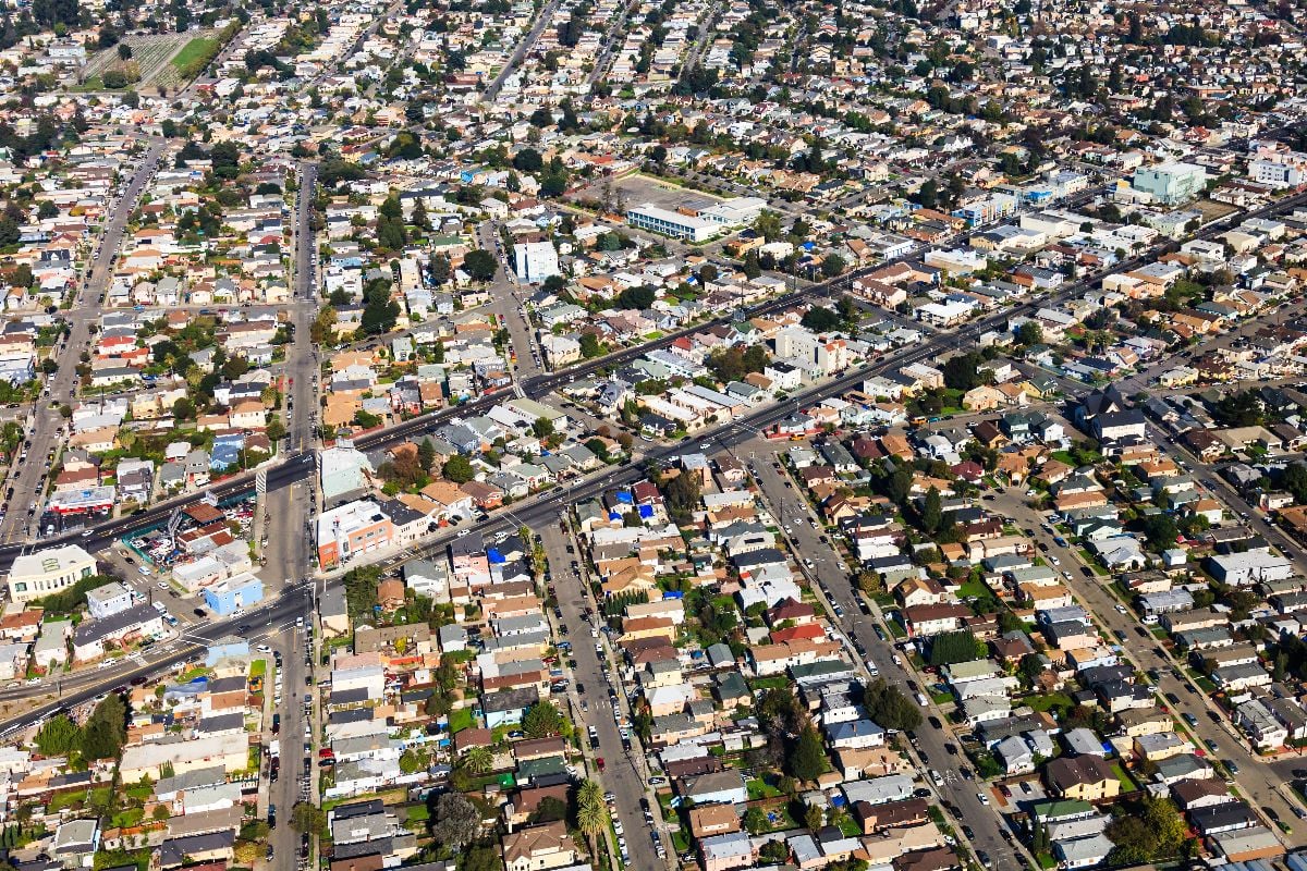 Aerial view of residential neighborhoods in Oakland, California..