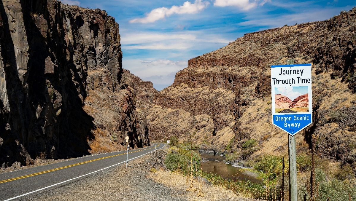 The John Day River and US highway 26 enter Picture Gorge at the start of one of Oregon's Scenic Byways.