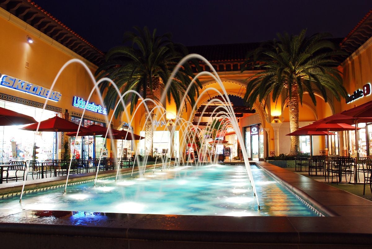 The fountains at the Spectrum, an outdoor and upscale shopping mall in Irvine, California.