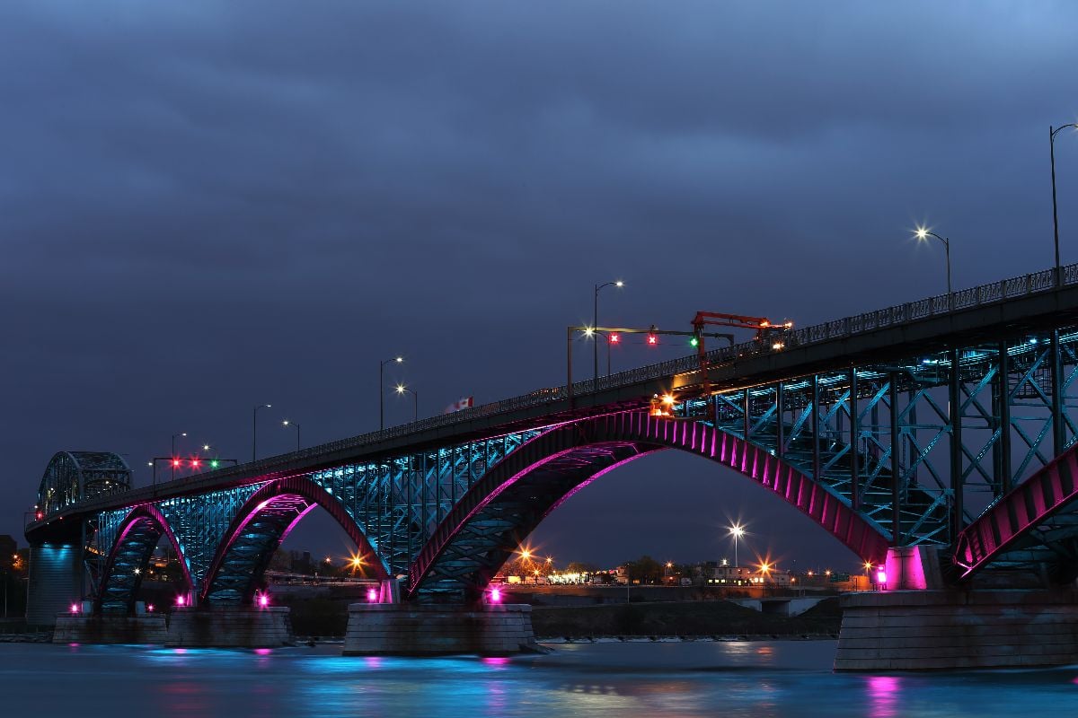 The Peace Bridge at night.