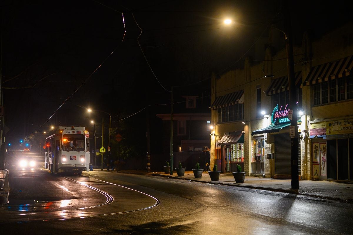 SEPTA Trolley arriving at 63rd street and Malvern loop in West Philadelphia on a rainy and foggy night.