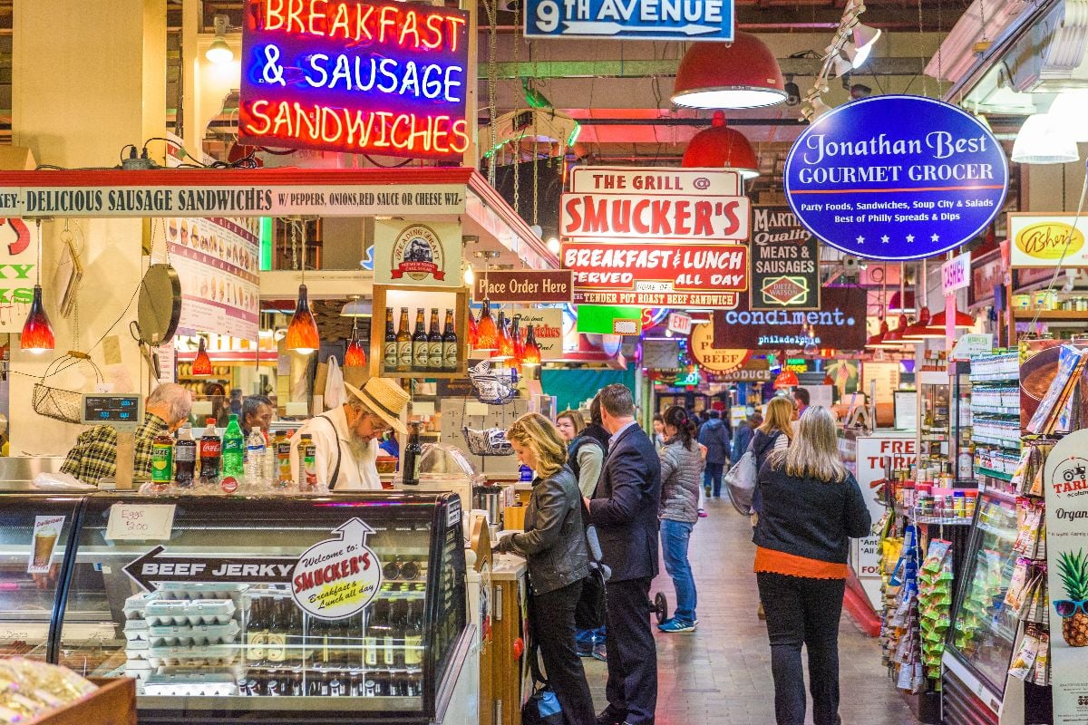 Vendors and customers in Reading Terminal Market.
